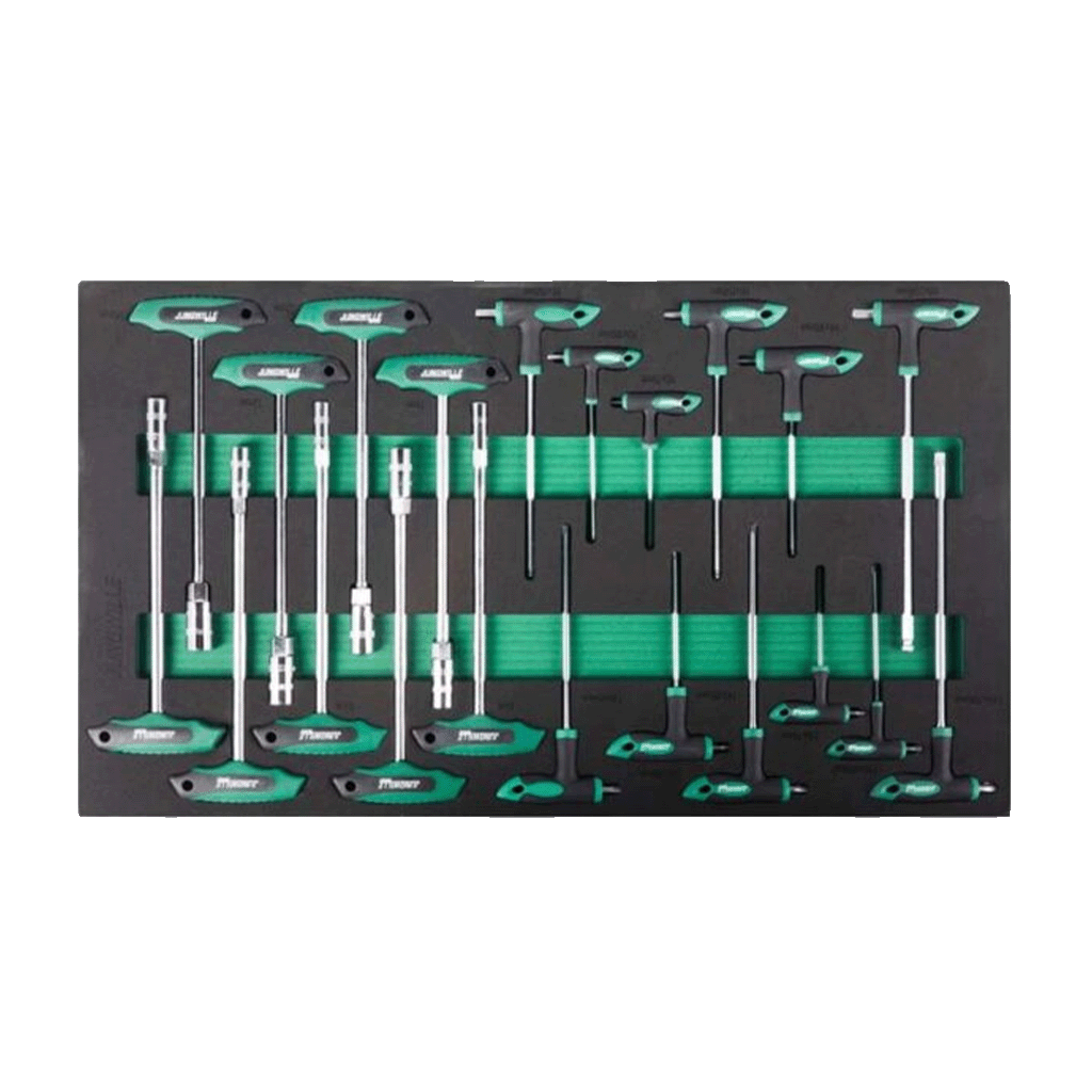 Jungwille Hockenheim tool cabinet tray insert packed with a large collection of T-handle HEX and Torx hex keys.