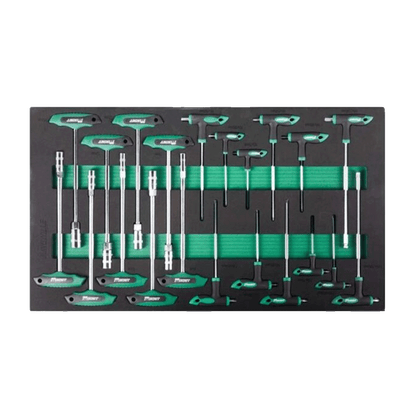 Jungwille Hockenheim tool cabinet tray insert packed with a large collection of T-handle HEX and Torx hex keys.
