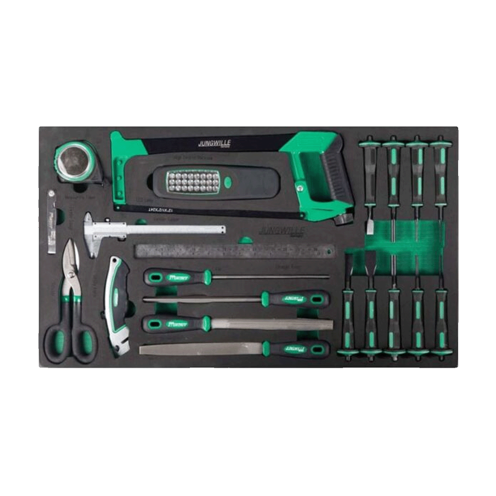 Jungwille Hockenheim tool cabinet tray insert holding a hacksaw, LED work light, calipers, files, and chisel punches.