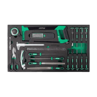 Jungwille Hockenheim tool cabinet tray insert holding a hacksaw, LED work light, calipers, files, and chisel punches.
