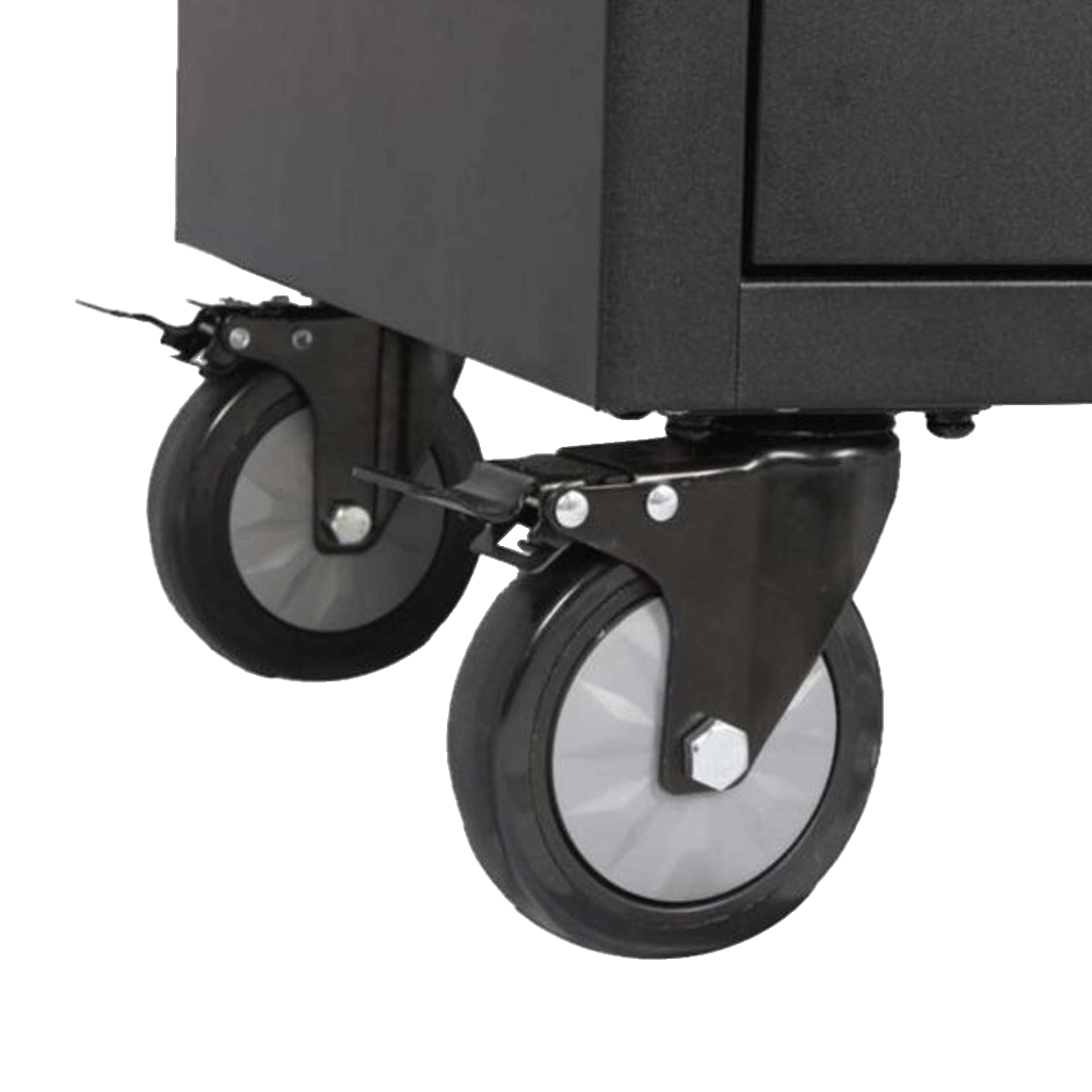 Jungwille Hockenheim tool cabinet detail focusing on the heavy-duty swivel wheels equipped with a locking brake.
