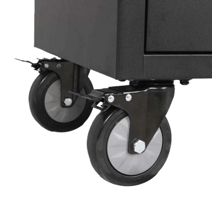 Jungwille Hockenheim tool cabinet detail focusing on the heavy-duty swivel wheels equipped with a locking brake.