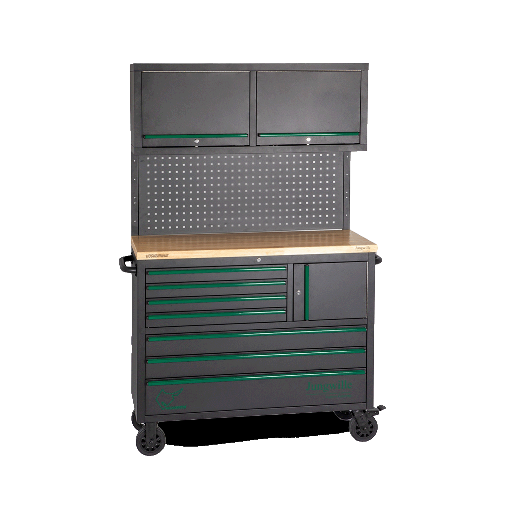 Jungwille Hockenheim tool cabinet workstation setup with integrated storage cabinets and a wooden top, viewed at an angle.
