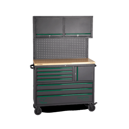 Jungwille Hockenheim tool cabinet workstation setup with integrated storage cabinets and a wooden top, viewed at an angle.