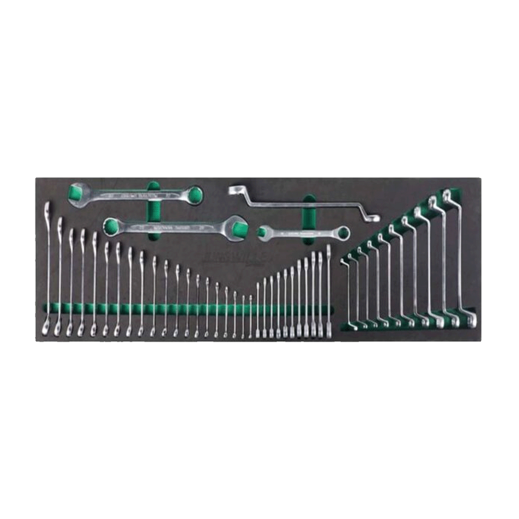 Jungwille Hockenheim tool cabinet tray insert with a comprehensive set of combination, open-end, and offset ring wrenches.