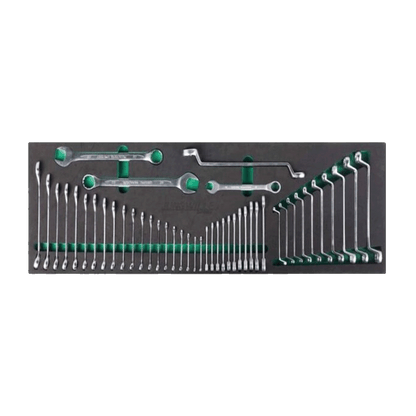 Jungwille Hockenheim tool cabinet tray insert with a comprehensive set of combination, open-end, and offset ring wrenches.