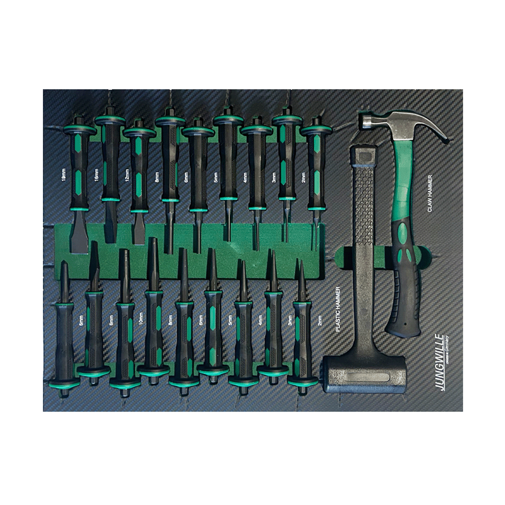 Jungwille JD-AGRI tool cabinet tray insert holding chisels, pin punches, a claw hammer, and a plastic mallet.