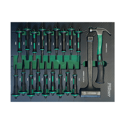 Jungwille JD-AGRI tool cabinet tray insert holding chisels, pin punches, a claw hammer, and a plastic mallet.