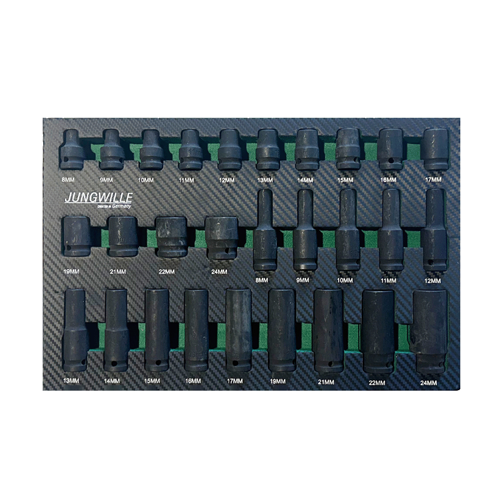 Jungwille JD-AGRI tool cabinet tray insert displaying rows of short and deep black 1/2" impact sockets.