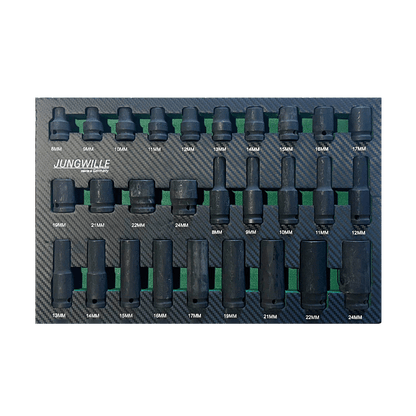 Jungwille JD-AGRI tool cabinet tray insert displaying rows of short and deep black 1/2" impact sockets.