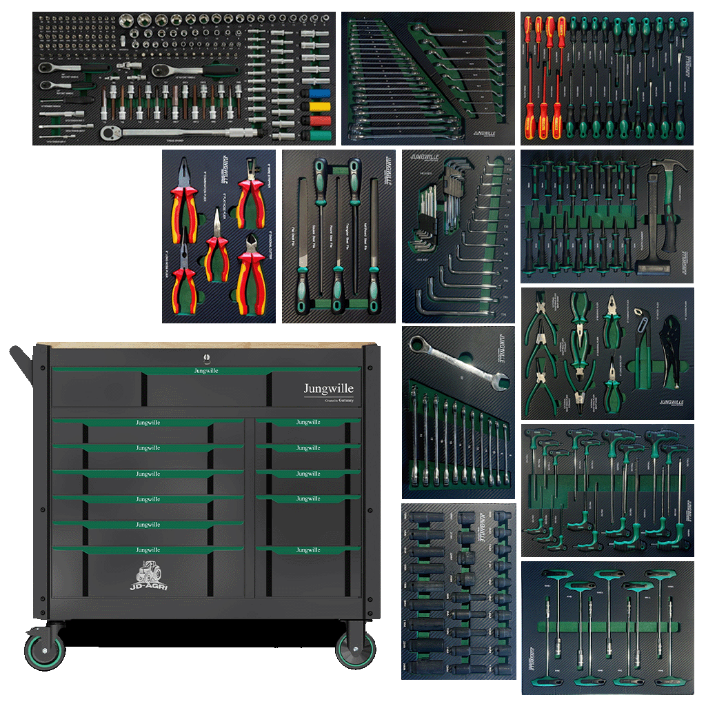 Jungwille JD-AGRI tool cabinet with green accents surrounded by twelve tool-filled EVA foam trays.