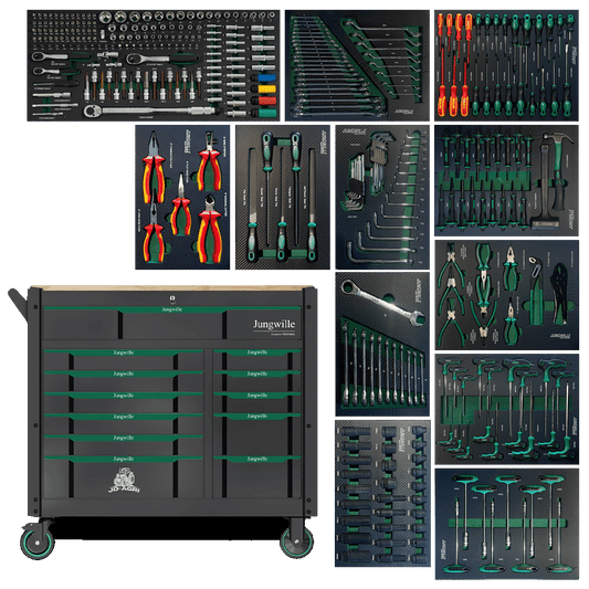 Jungwille JD-AGRI tool cabinet with green accents surrounded by twelve tool-filled EVA foam trays.