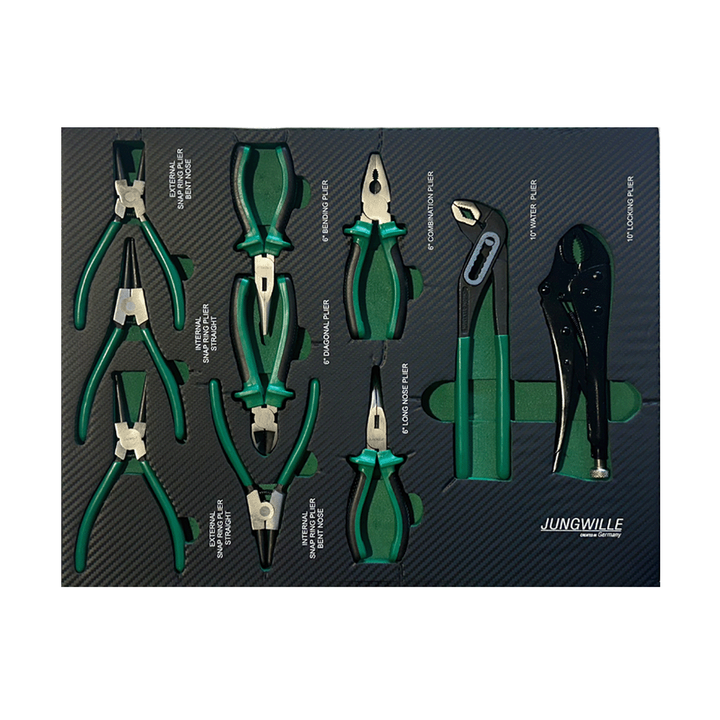 Jungwille JD-AGRI tool cabinet tray insert filled with circlip pliers, kombinerki, locking grip pliers, and pipe wrench.