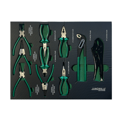 Jungwille JD-AGRI tool cabinet tray insert filled with circlip pliers, kombinerki, locking grip pliers, and pipe wrench.