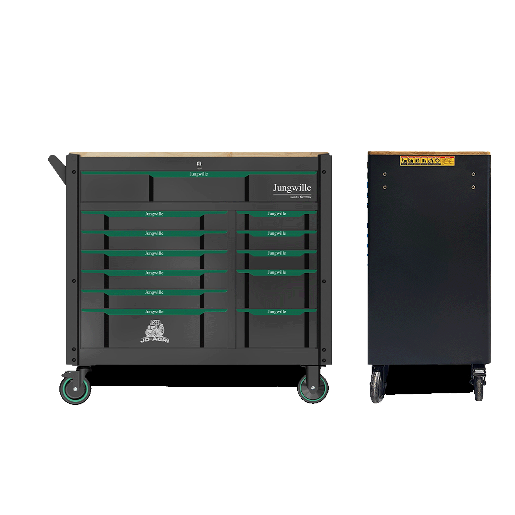 Jungwille JD-AGRI tool cabinet shown from the front and its slim profile view on a black background.
