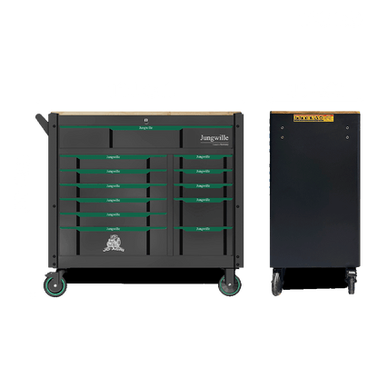 Jungwille JD-AGRI tool cabinet shown from the front and its slim profile view on a black background.