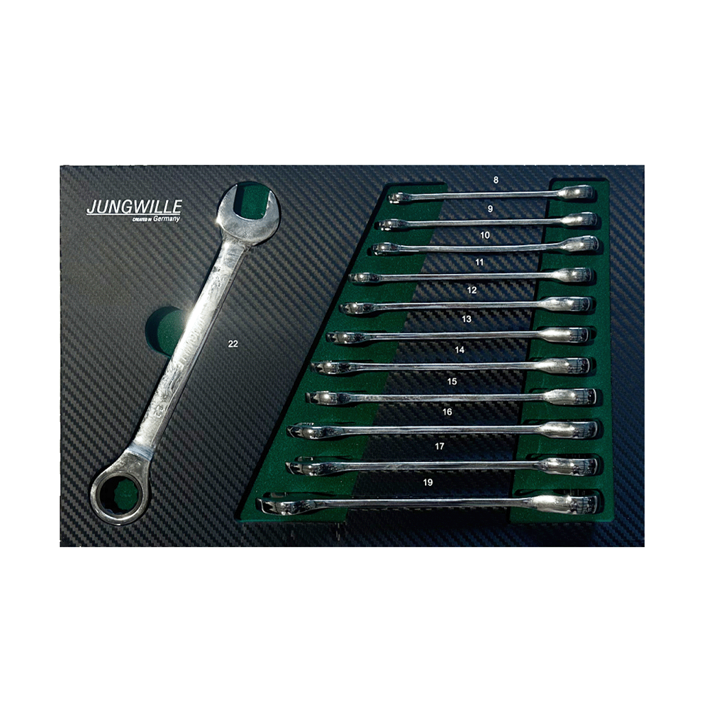 Jungwille JD-AGRI tool cabinet tray insert displaying a set of metric ratchet combination wrenches in foam.
