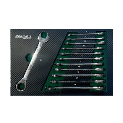 Jungwille JD-AGRI tool cabinet tray insert displaying a set of metric ratchet combination wrenches in foam.