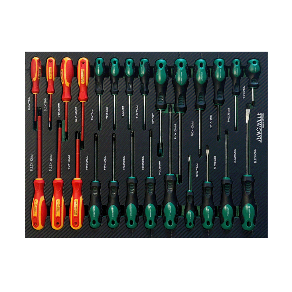 Jungwille JD-AGRI tool cabinet tray insert fully packed with flat, Phillips, and Torx screwdrivers.