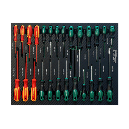 Jungwille JD-AGRI tool cabinet tray insert fully packed with flat, Phillips, and Torx screwdrivers.