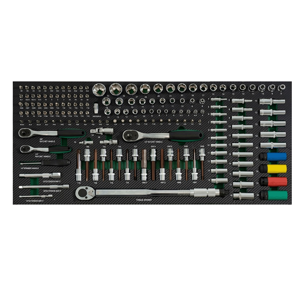 Jungwille JD-AGRI tool cabinet tray insert loaded with drive ratchets, extension bars, bits, and a torque wrench.