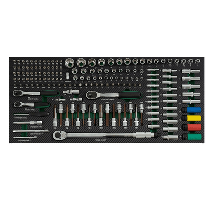 Jungwille JD-AGRI tool cabinet tray insert loaded with drive ratchets, extension bars, bits, and a torque wrench.