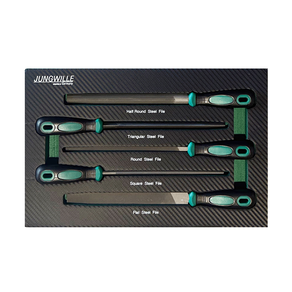 Jungwille JD-AGRI tool cabinet tray insert showing a five-piece set of half-round, round, triangular, square, and flat files.