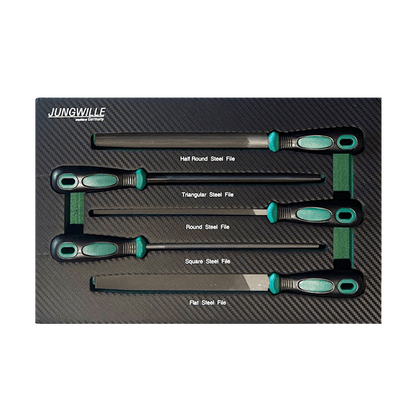 Jungwille JD-AGRI tool cabinet tray insert showing a five-piece set of half-round, round, triangular, square, and flat files.