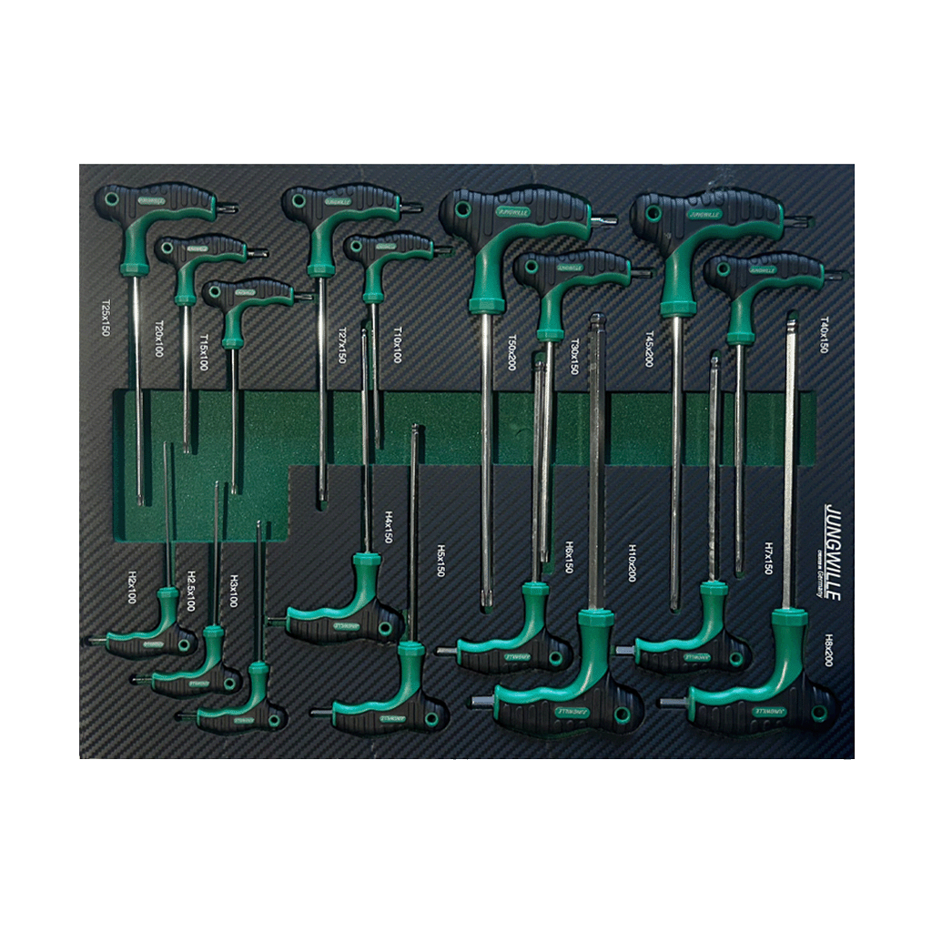 Jungwille JD-AGRI tool cabinet tray insert packed with a full metric range of T-handle Torx and HEX keys.