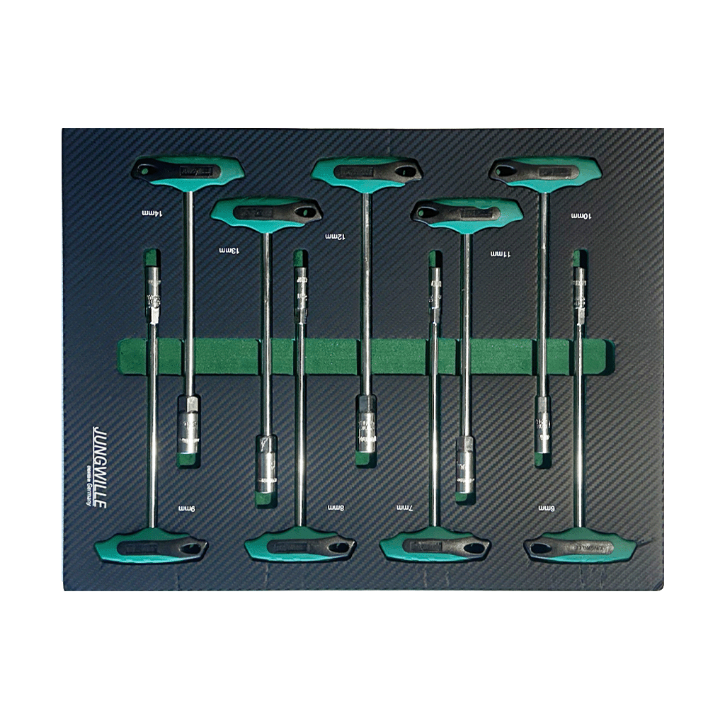 Jungwille JD-AGRI tool cabinet tray insert with nine ergonomic T-handle metric socket keys.