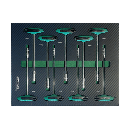 Jungwille JD-AGRI tool cabinet tray insert with nine ergonomic T-handle metric socket keys.