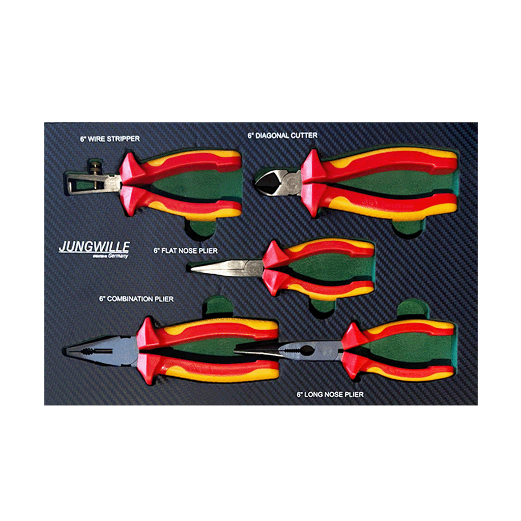 Jungwille JD-AGRI tool cabinet tray insert holding red and yellow insulated VDE electrical pliers and wire cutters.