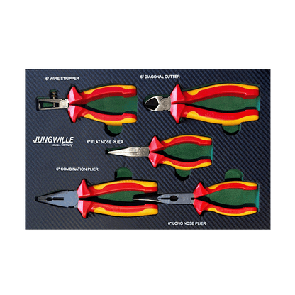 Jungwille JD-AGRI tool cabinet tray insert holding red and yellow insulated VDE electrical pliers and wire cutters.