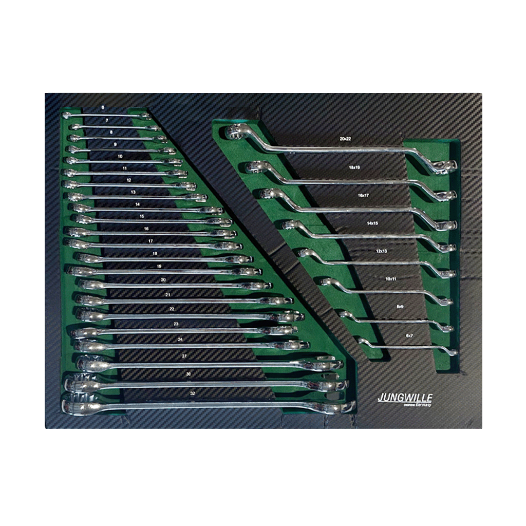 Jungwille JD-AGRI tool cabinet tray insert with rows of metric combination wrenches and deep offset ring wrenches.