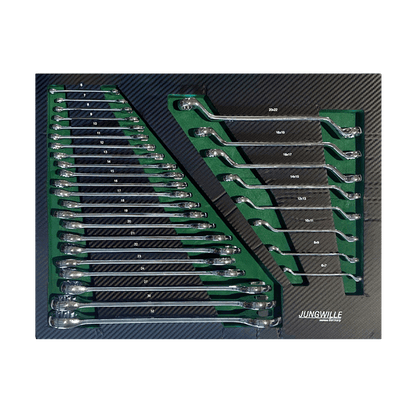 Jungwille JD-AGRI tool cabinet tray insert with rows of metric combination wrenches and deep offset ring wrenches.