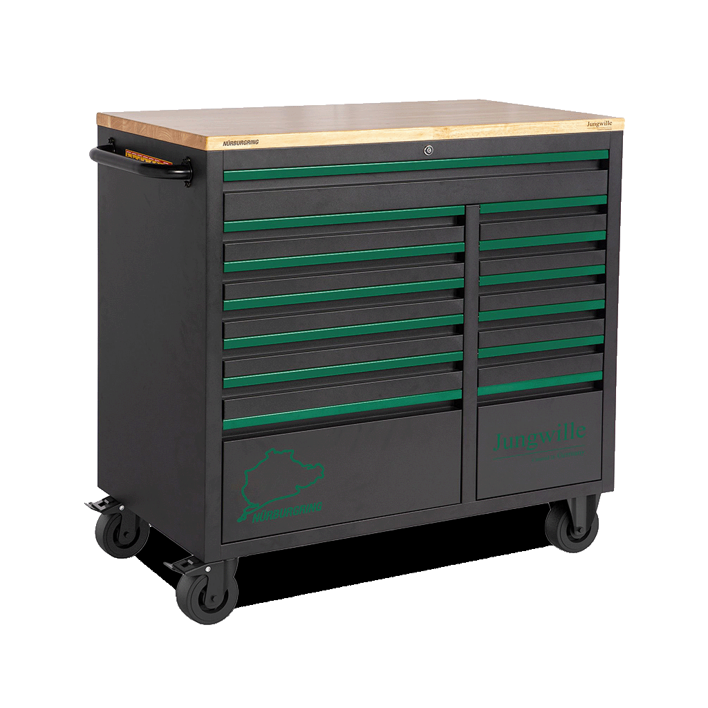 Jungwille Nurburgring tool cabinet lower mobile base unit with thirteen storage drawers and a solid wood worktop.