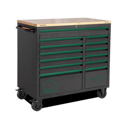 Jungwille Nurburgring tool cabinet lower mobile base unit with thirteen storage drawers and a solid wood worktop.