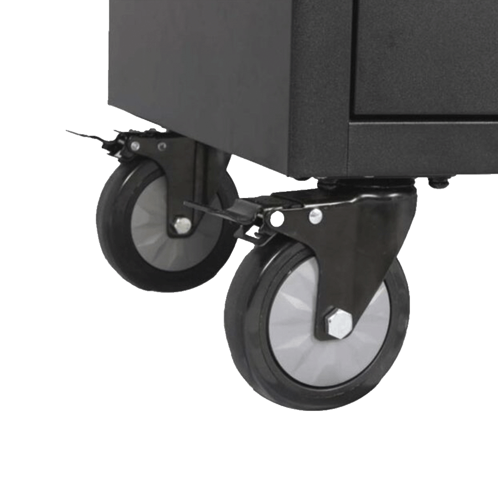 Jungwille Nurburgring tool cabinet detail focusing on the heavy-duty caster wheels equipped with locking foot brakes.