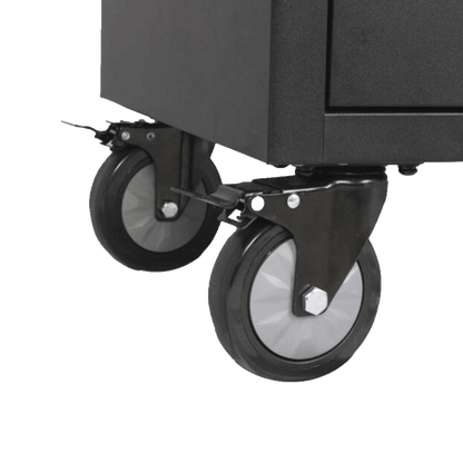 Jungwille Nurburgring tool cabinet detail focusing on the heavy-duty caster wheels equipped with locking foot brakes.
