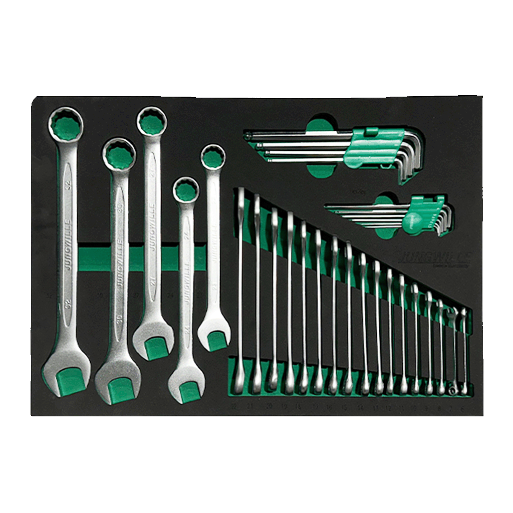 Jungwille Nurburgring tool cabinet tray insert with a set of combination wrenches and metric HEX L-keys in holders.