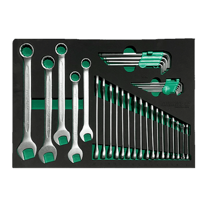 Jungwille Nurburgring tool cabinet tray insert with a set of combination wrenches and metric HEX L-keys in holders.