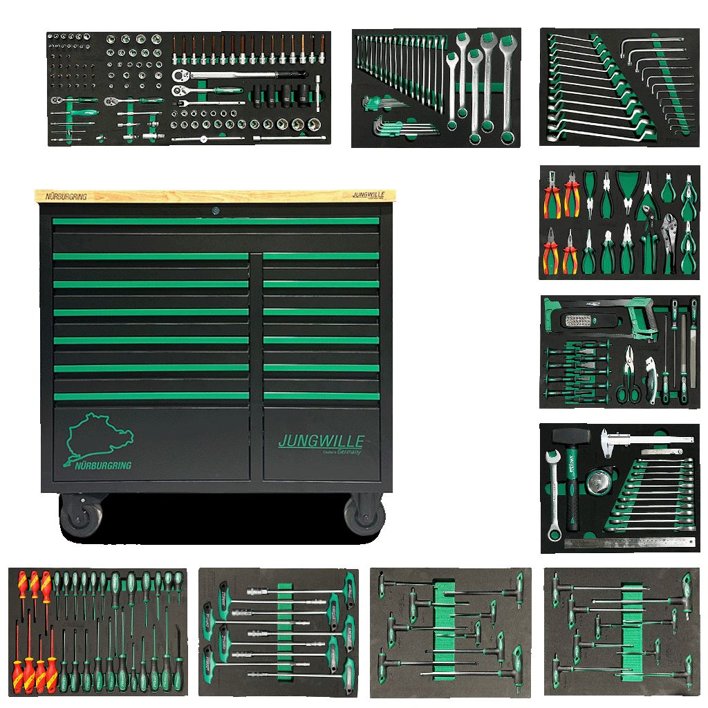 Jungwille Nurburgring tool cabinet with green drawers shown with its full collection of tool-filled EVA foam trays.