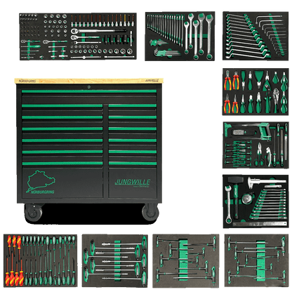 Jungwille Nurburgring tool cabinet with green drawers shown with its full collection of tool-filled EVA foam trays.