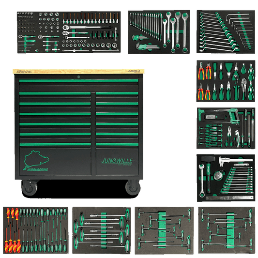 Jungwille Nurburgring tool cabinet with green drawers shown with its full collection of tool-filled EVA foam trays.