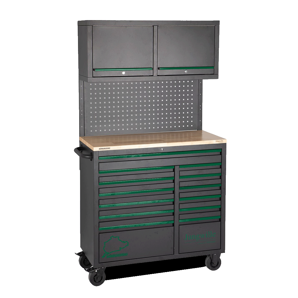 Jungwille Nurburgring tool cabinet full workstation setup featuring upper storage shelves, pegboard, and wooden top.
