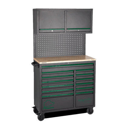 Jungwille Nurburgring tool cabinet full workstation setup featuring upper storage shelves, pegboard, and wooden top.