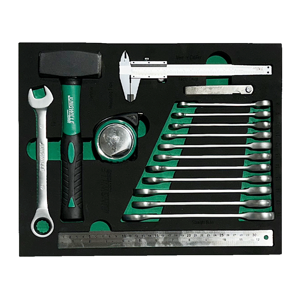 Jungwille Nurburgring tool cabinet tray insert with a hammer, ratchet wrench, vernier calipers, and steel ruler.