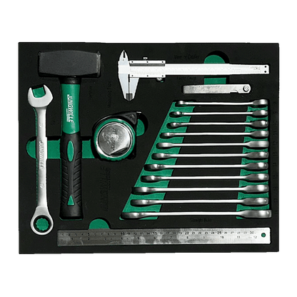 Jungwille Nurburgring tool cabinet tray insert with a hammer, ratchet wrench, vernier calipers, and steel ruler.