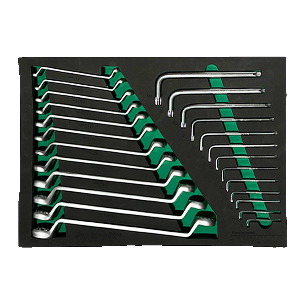 Jungwille Nurburgring tool cabinet tray insert loaded with deep offset ring wrenches and a Torx L-key set.