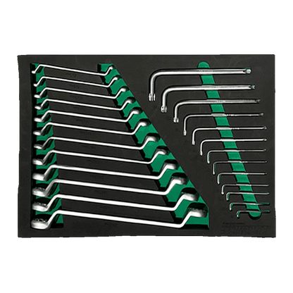 Jungwille Nurburgring tool cabinet tray insert loaded with deep offset ring wrenches and a Torx L-key set.